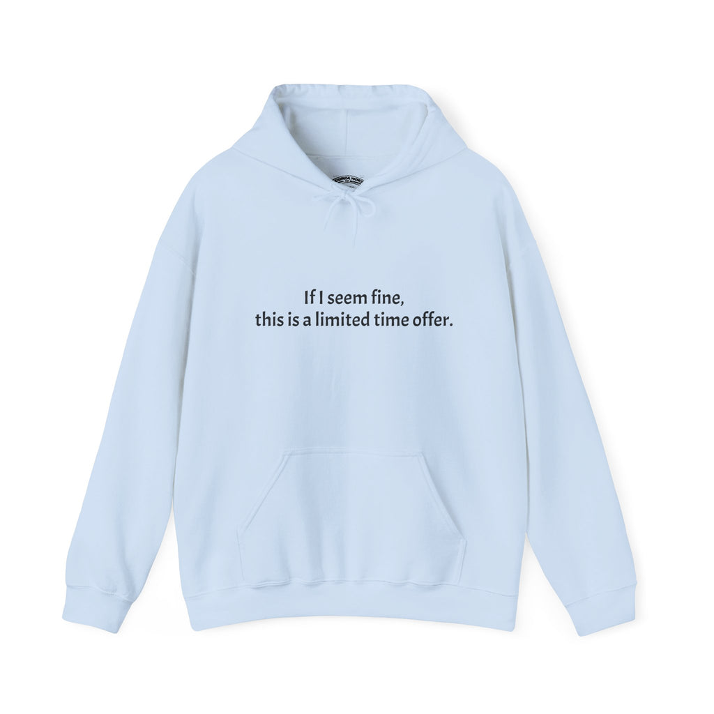 Hoodie — “If I seem fine, this is a limited time offer.” Minimal Comfort Pullover