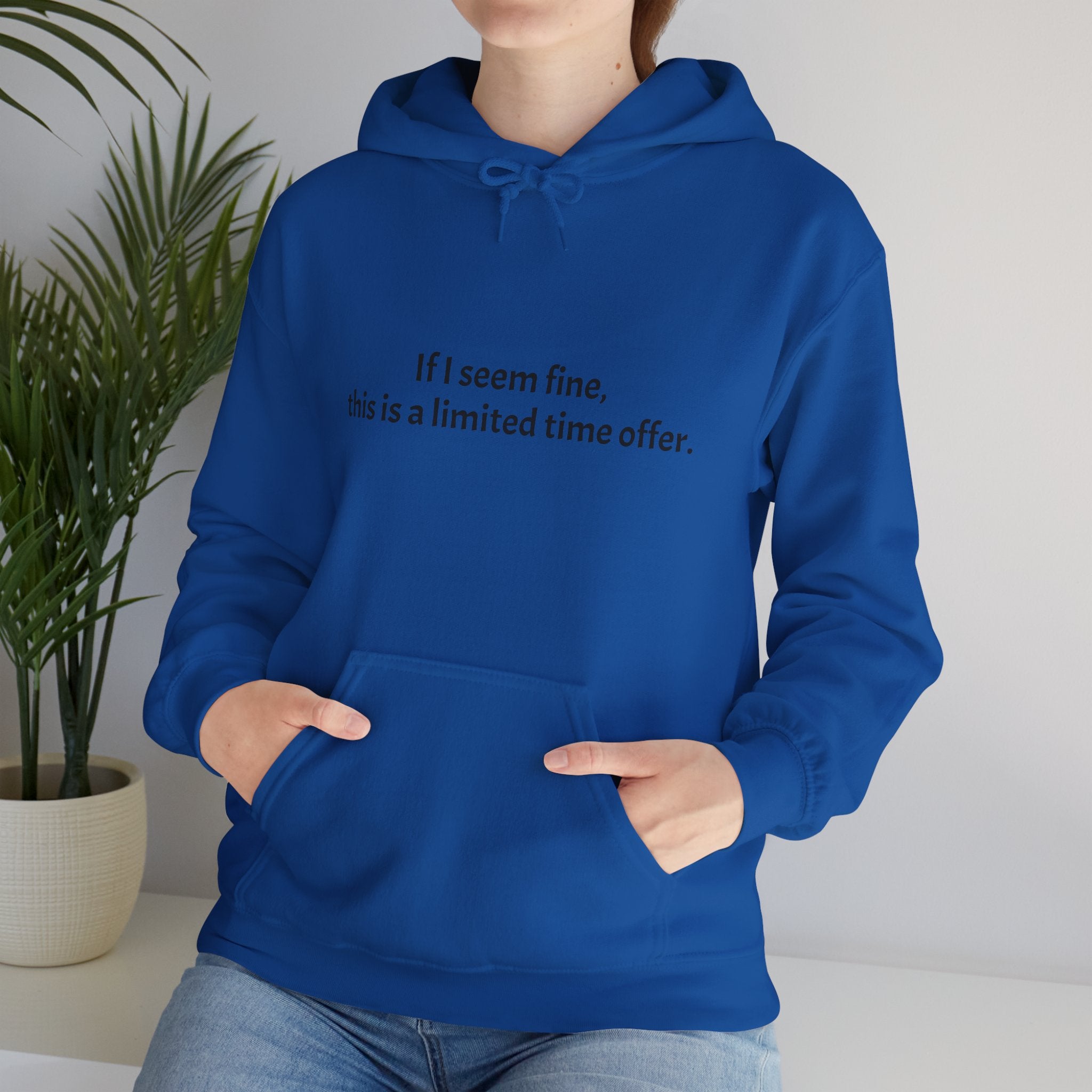 Hoodie — “If I seem fine, this is a limited time offer.” Minimal Comfort Pullover