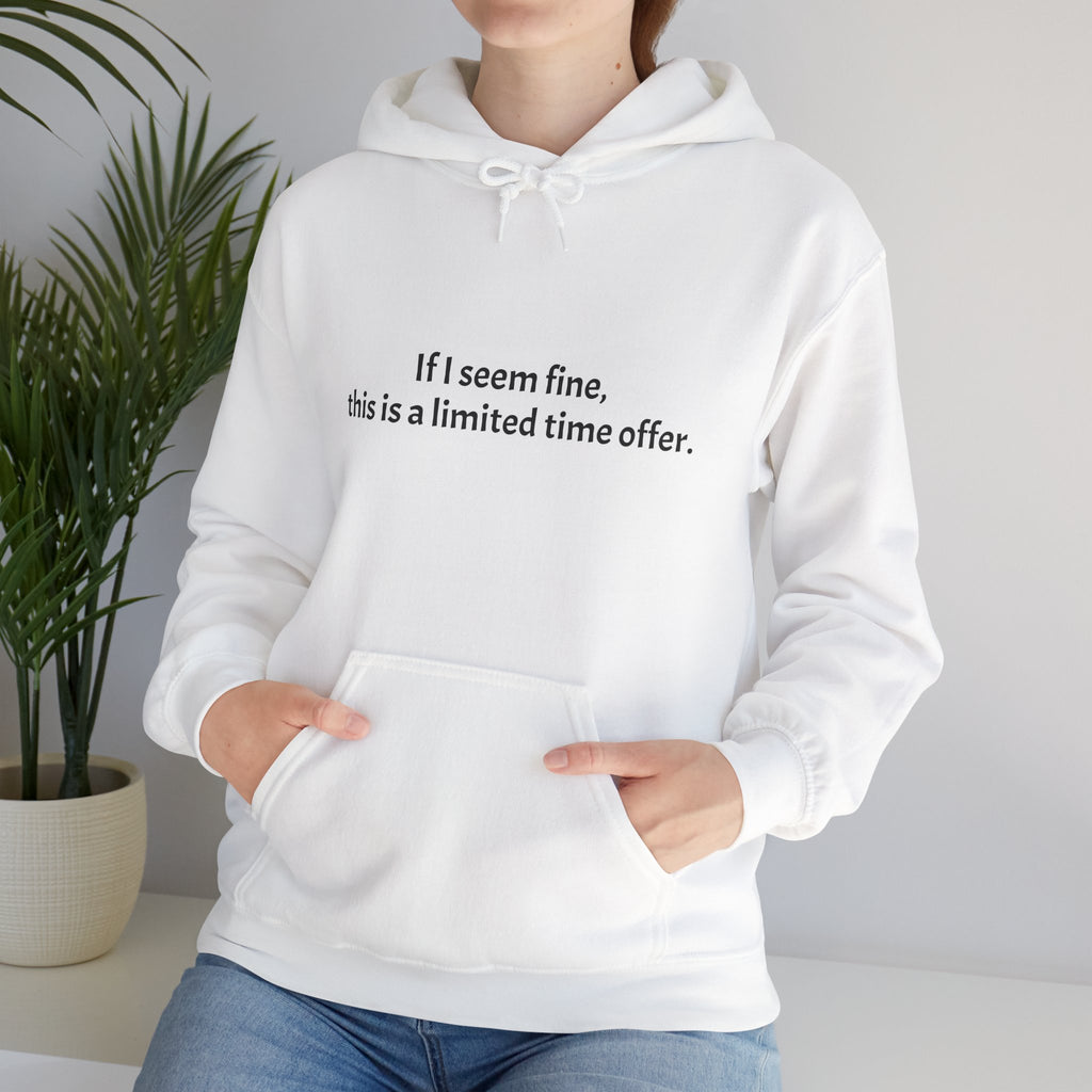 Hoodie — “If I seem fine, this is a limited time offer.” Minimal Comfort Pullover