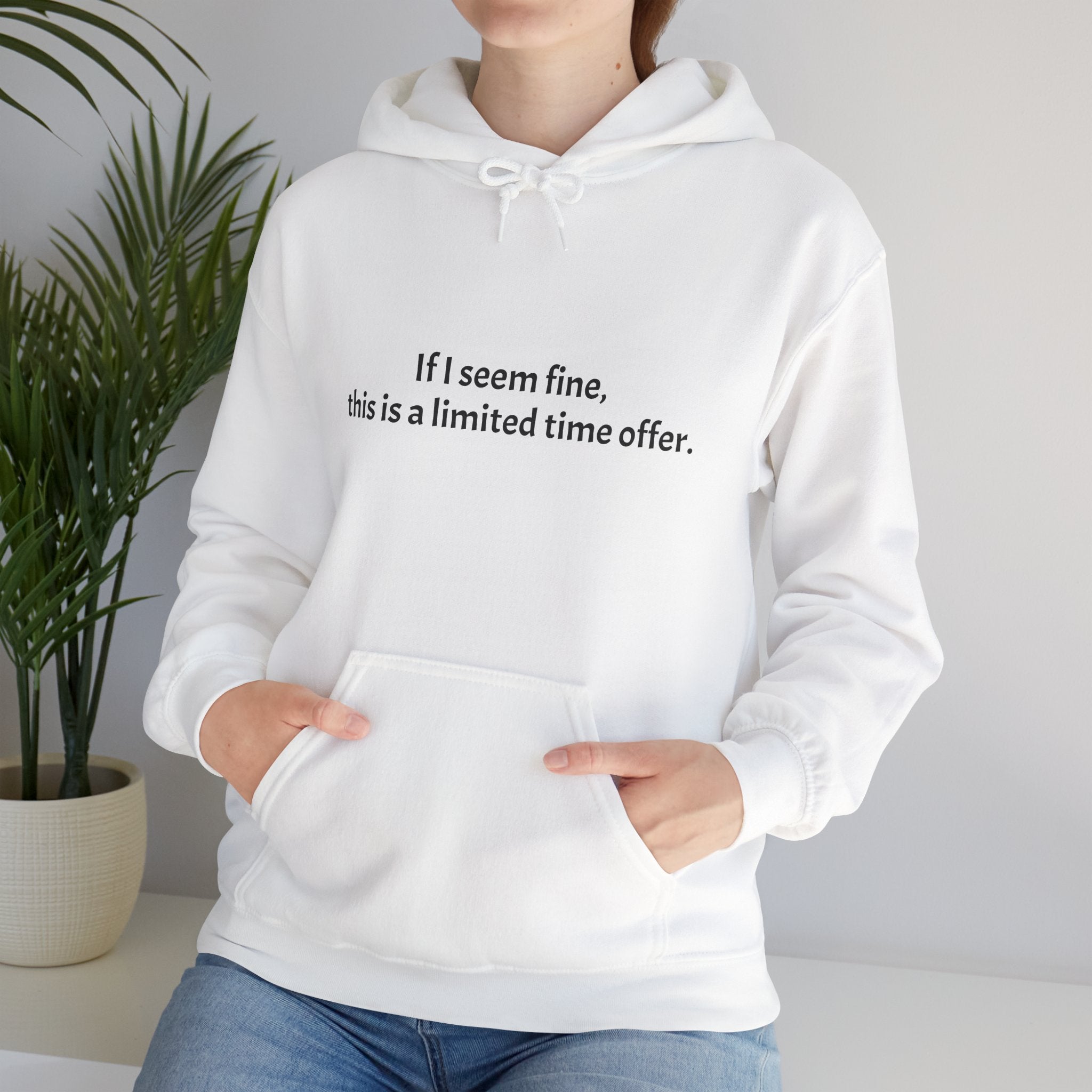 Hoodie — “If I seem fine, this is a limited time offer.” Minimal Comfort Pullover