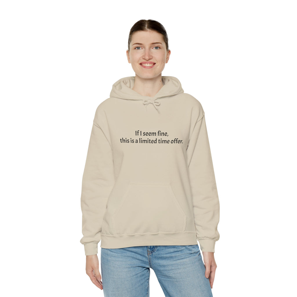 Hoodie — “If I seem fine, this is a limited time offer.” Minimal Comfort Pullover