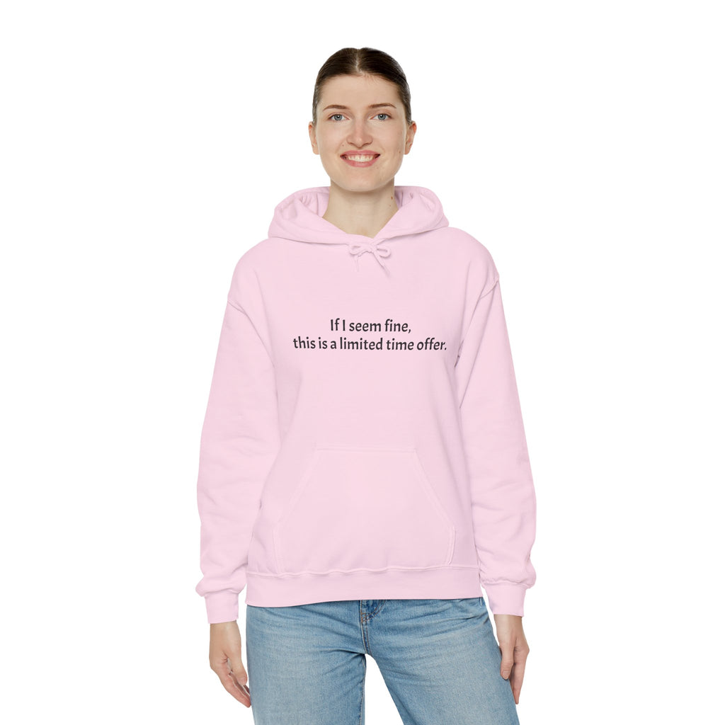 Hoodie — “If I seem fine, this is a limited time offer.” Minimal Comfort Pullover