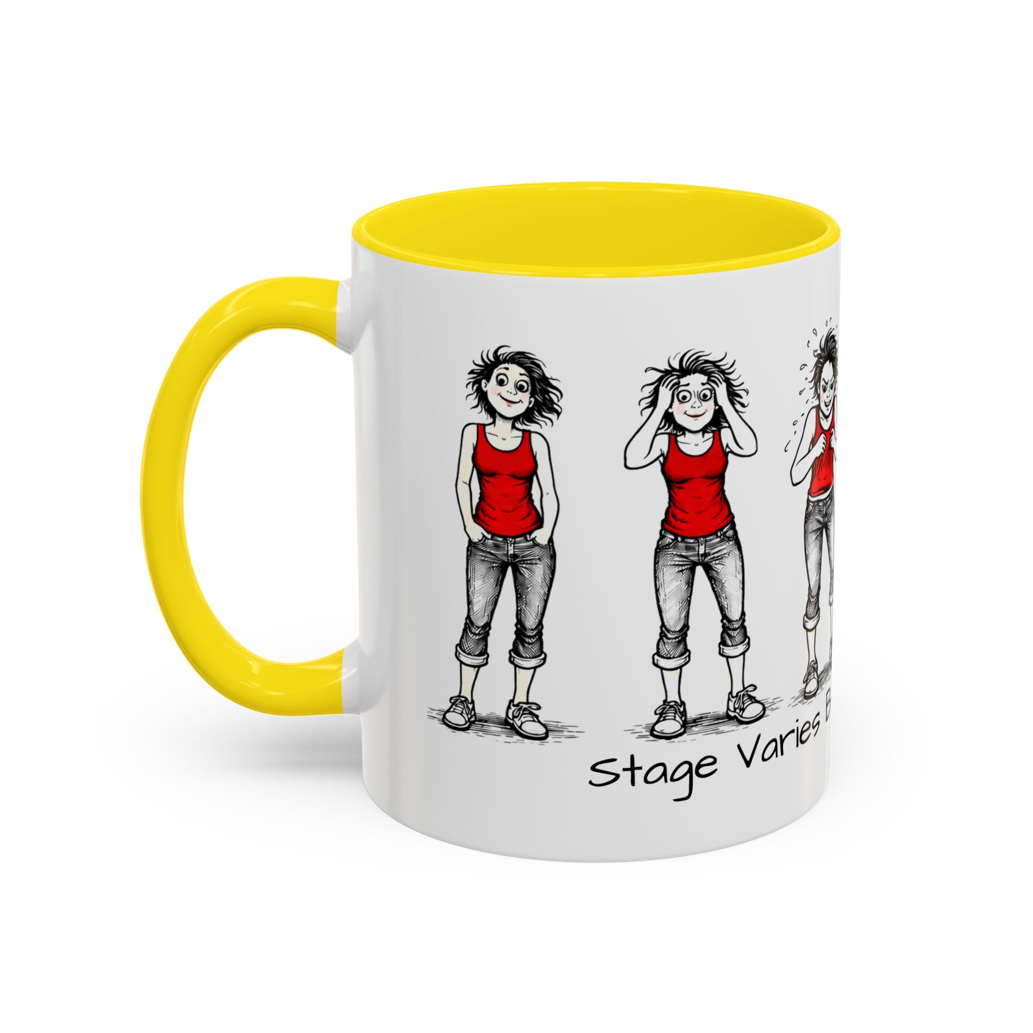 Coffee Mug — "Mood Varies By Day (Or Hourly)" Illustrated Sarcastic Cartoon USA/CAN